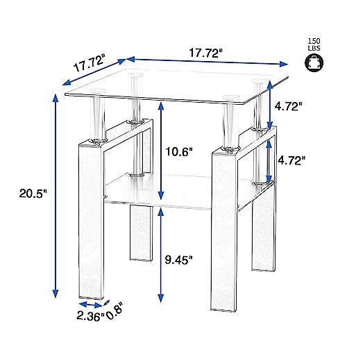 Glass Side Table 2-Tier Modern Glass Top Corner Table Living Room Square Side Table with Metal Leg for Living Room, Dining Room, Bedroom (1, Clear)