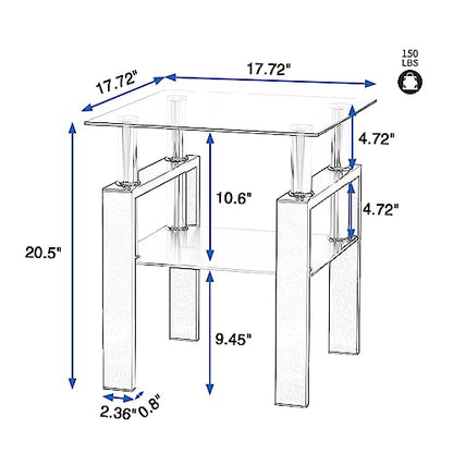 Glass Side Table 2-Tier Modern Glass Top Corner Table Living Room Square Side Table with Metal Leg for Living Room, Dining Room, Bedroom (1, Clear)