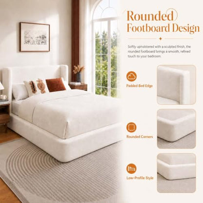 Queen Size Upholstered Bed Frame with Headboard, Cloud Boucle Bed Frame, view 6