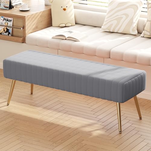 44 Inch Bedroom Benches, Upholstered Tufted Striped Fabric Ottoman Bench with X-Shaped Metal Legs for Living Room, Solid Wood Indoor Bench for Foyer (Grey)