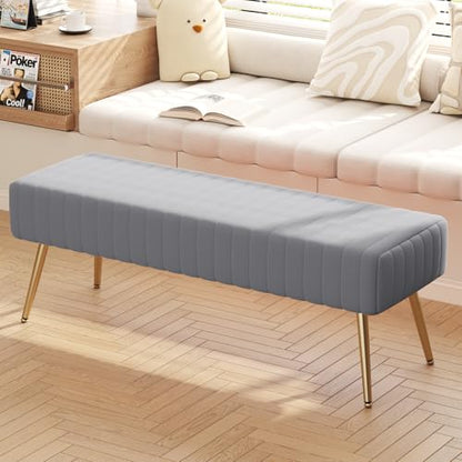 44 Inch Bedroom Benches, Upholstered Tufted Striped Fabric Ottoman Bench with X-Shaped Metal Legs for Living Room, Solid Wood Indoor Bench for Foyer (Grey)