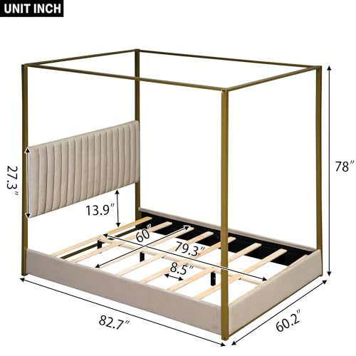Modern 4-Poster Canopy Platform Bed Queen Size with Channel Upholstery Tufted, view 3