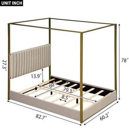 Modern 4-Poster Canopy Platform Bed Queen Size with Channel Upholstery Tufted, view 3