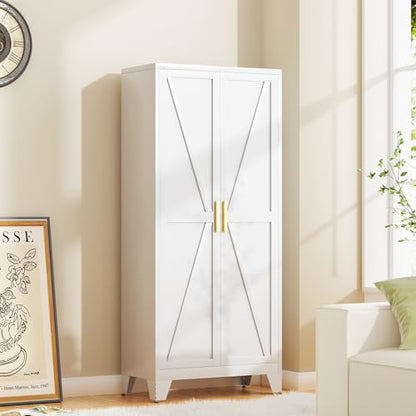 61H Metal Storage Cabinet with 2 Doors and Adjustable Shelves,Farmhouse Storage Cabinet with Barn Doors,Pantry Storage for Home,Office,Bathroom,Dining Room,Kitchen(White)