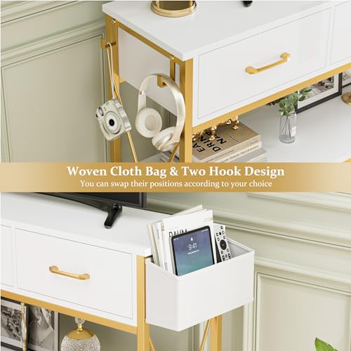 Gold Console Table with Storage, 47.2" Long Entryway Table, White | Narrow Wide Wood Entry way Table w/ 3-Tier Open Shelves, Industrial, Farmhouse Sofa Foyer Table for Hallway, Living Room