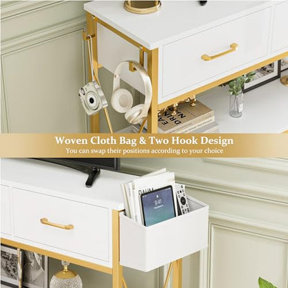 Gold Console Table with Storage, 47.2" Long Entryway Table, White | Narrow Wide Wood Entry way Table w/ 3-Tier Open Shelves, Industrial, Farmhouse Sofa Foyer Table for Hallway, Living Room