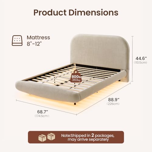 Floating Queen Bed Frame with Headboard and LED Lights, Taupe, view 3