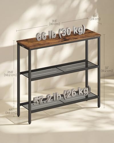 VASAGLE 31.5" Console Table, Narrow Behind Couch Table, 3 Tier | BARNET Collection, One Piece Top, Steel Frame, for Entryway, Living Room, Modern, Rustic Brown and Ink Black ULNT037KD01S