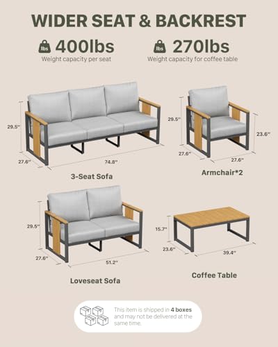 Aluminum Outdoor Patio Furniture Set – 2 Pcs Armchair with Washable Thick Cushions,All-Weather Modern Metal Furniture for Garden,Backyard,Porch,Grey