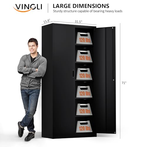 Metal Garage Storage Cabinet with 2 Doors and 5 Adjustable Shelves, 71" Tall Steel Lockable File Cabinet, Locking Tool Cabinets for Home Office Garage Gym School (Black)
