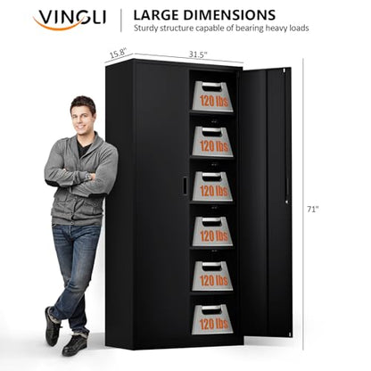 Metal Garage Storage Cabinet with 2 Doors and 5 Adjustable Shelves, 71" Tall Steel Lockable File Cabinet, Locking Tool Cabinets for Home Office Garage Gym School (Black)