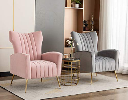 Curved Tufted Accent Chair with Metal Gold Legs Velvet Upholstered Arm Club Leisure Modern Chair for Living Room Bedroom Patio, Grey