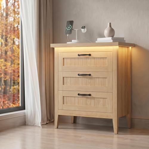 3 Dresser Drawer for Bedroom, 27.6" Wide Wood Bedside Table for Bedroom, Modern Farmhouse Night Stand with Smart RGB Light Strip, Power Outlet, Metal Slides, Anti-Tip Kit, Wood