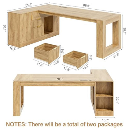 86" L Shaped Executive Desk with Drawers, Extra Large Modern Office Desk with File Cabinet, Big Computer Desk with Power Outlet for Home Office, Walnut