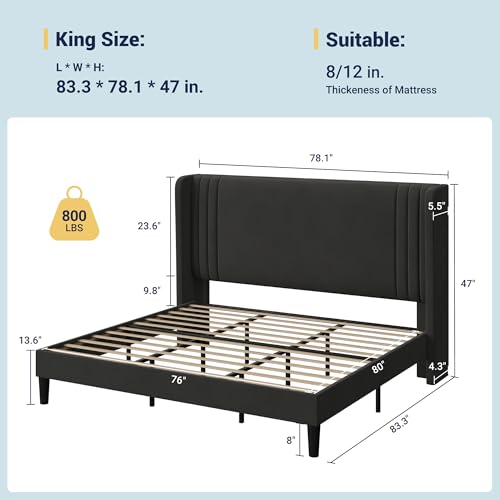 King Size Velvet Platform Bed Frame, Tall Wingback Headboard, Black, view 3