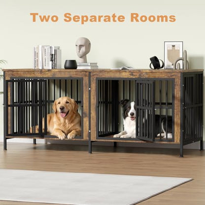 78" Double Dog Crate Furniture for Medium/Large Dogs, Brown, Thick wood, view 5