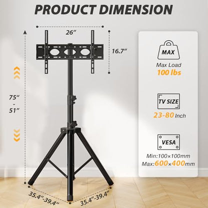 TV Tripod Stand for 23-80 inch TVs Holds up to 100lbs | Portable TV Stand with ±15° Tilt and Height Adjustment, Floor TV Stand for Bedroom, Trade Show, Outdoor, Max VESA 600x400mm