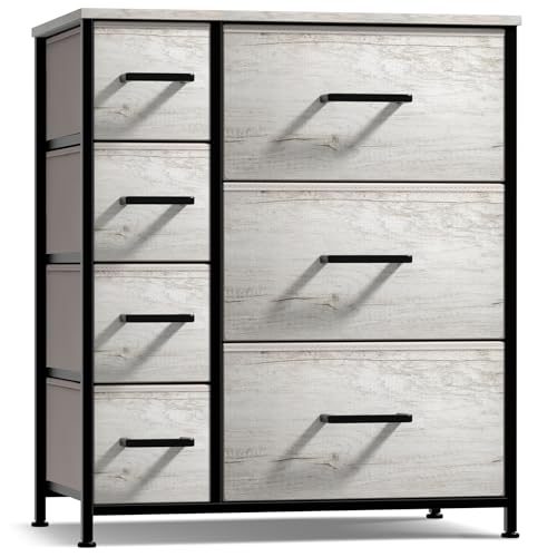 Dresser with 7 Faux Wood Drawers - Storage Unit Organizer Chest for Clothes - Bedroom, Hallway, Living Room, Closet, & Dorm Furniture - Steel Frame, Wood Top, & Easy Pull Fabric Bins