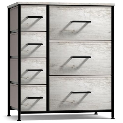 Dresser with 7 Faux Wood Drawers - Storage Unit Organizer Chest for Clothes - Bedroom, Hallway, Living Room, Closet, & Dorm Furniture - Steel Frame, Wood Top, & Easy Pull Fabric Bins