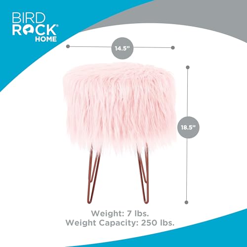 Pink Faux Fur Vanity Stool Chair - Soft Furry Compact Padded Seat - Vanity, Living Room, Bedroom and Kids Room Chairs - Hair Pin Metal Legs Upholstered Decorative Furniture Foot Rest