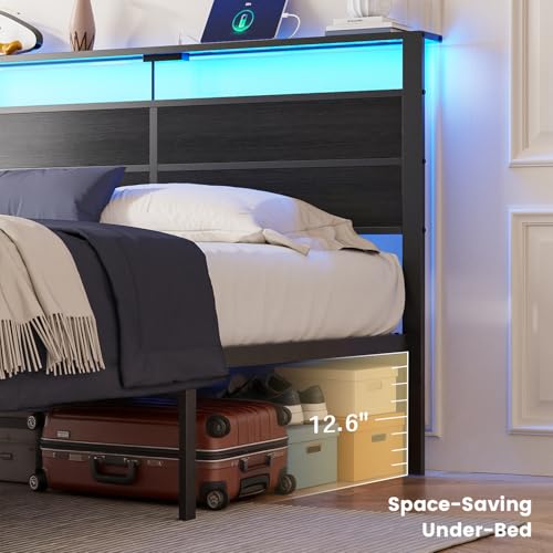 Full Size Metal Bed Frame with Storage Headboard, LED Lights, view 7