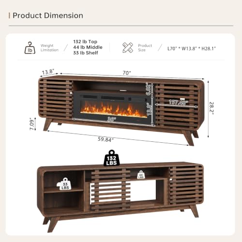 70" Fireplace TV Stand,Walnut, view 3