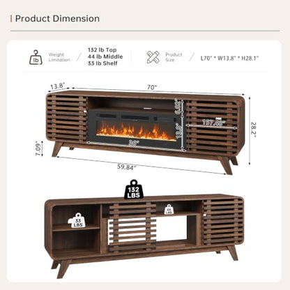 70" Fireplace TV Stand,Walnut, view 3