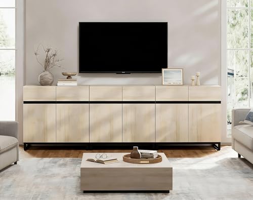 Modern TV Stand for TVs Up to 100 Inch, 3-in-1 Wood Entertainment Center with Adjustable Shelves & Protective Foot Pads, Metal Base Media Console for Living Room, Light Oak