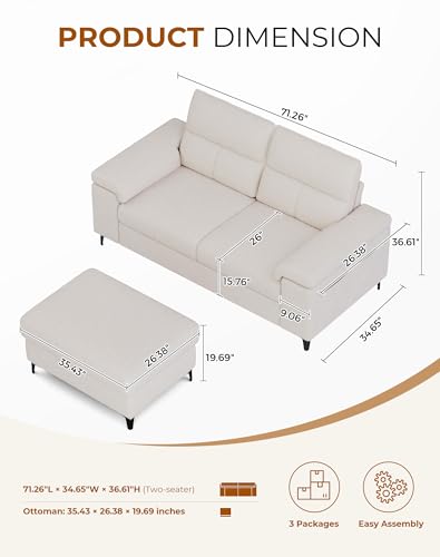 71.25" L Shaped Sectional Couches for Living Room, Deep Seat Sofa with Big Storage Ottoman & 8”Cushion, Comfy 2-Seater Chenille Loveseat, Convertible Armrest, Removable Cover for Small Space(Beige)
