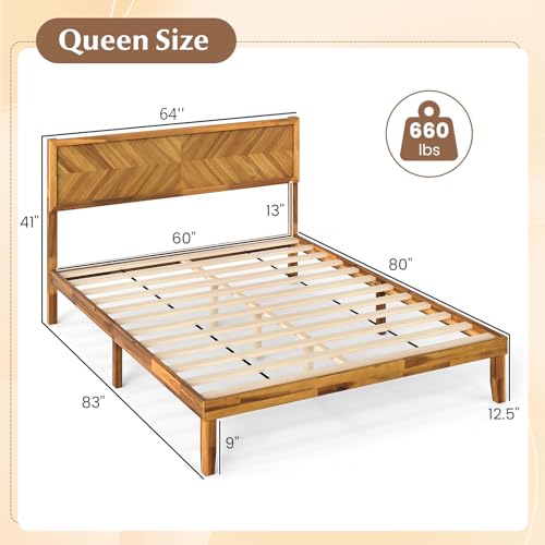 Wood Queen Bed Frame, Acacia Wooden Platform Bed Frame with Headboard, view 3