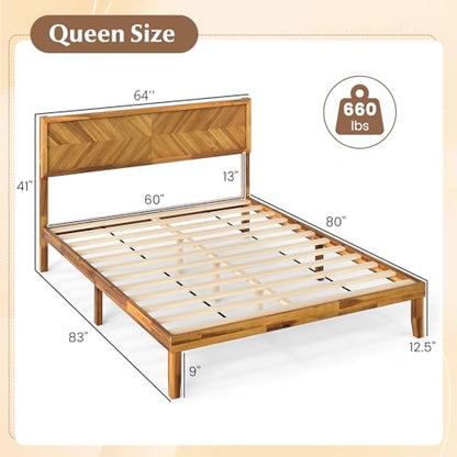 Wood Queen Bed Frame, Acacia Wooden Platform Bed Frame with Headboard, view 3