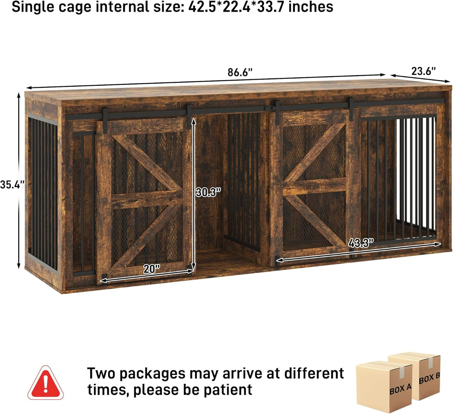87In Farmhouse Dog Crate TV Stand, Wooden Dog Kennel Furniture with Sliding Metal Mesh Barn Door, Large Dog Crate Furniture for 2 Dogs, Solid Metal Tube & 2 Lockable Doors, Rustic Brown