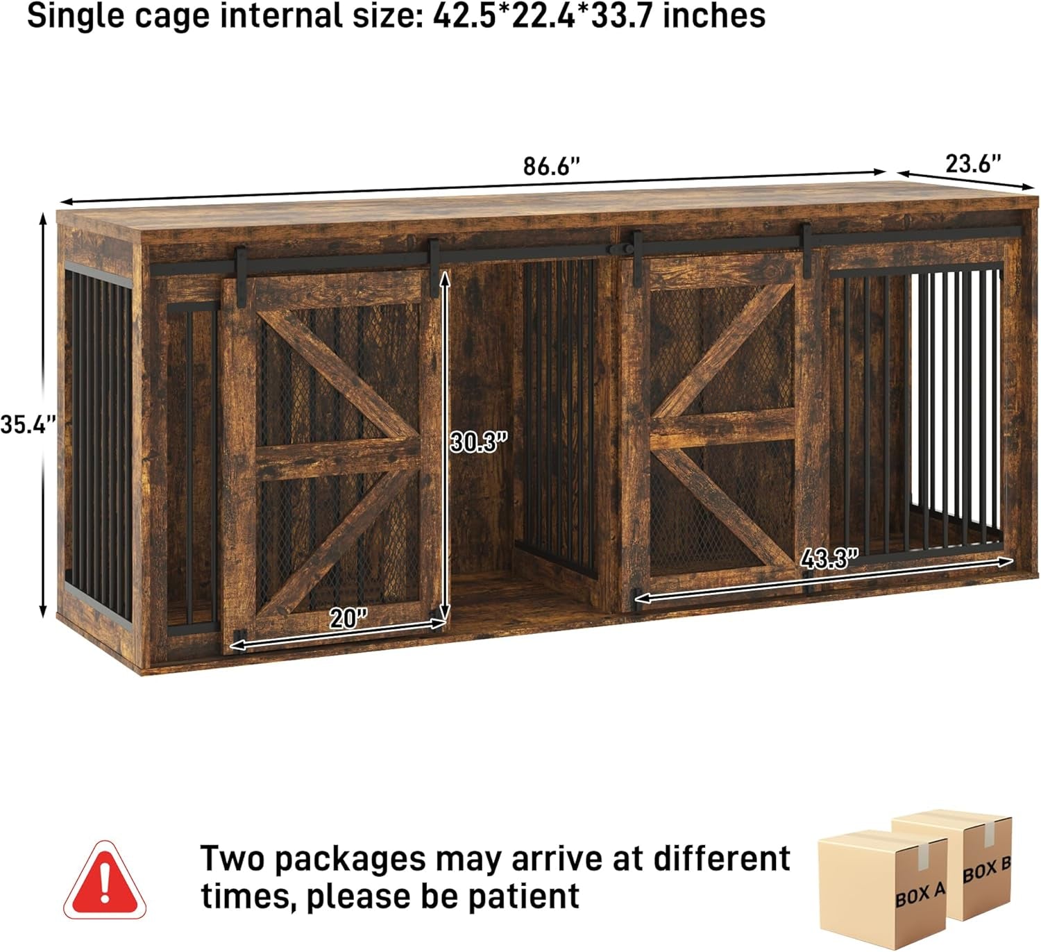 87In Farmhouse Dog Crate TV Stand, Wooden Dog Kennel Furniture with Sliding Metal Mesh Barn Door, Large Dog Crate Furniture for 2 Dogs, Solid Metal Tube & 2 Lockable Doors, Rustic Brown
