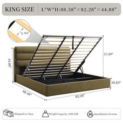 King Size Lift Up Storage Bed, Linen Upholstered Platform Bed, Green, view 4