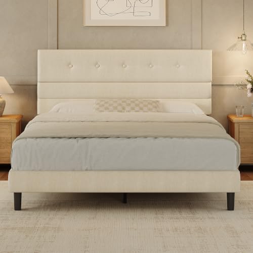 Queen Size Bed Frame with Linen Fabric Headboard, view 2