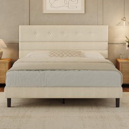 Queen Size Bed Frame with Linen Fabric Headboard, view 2