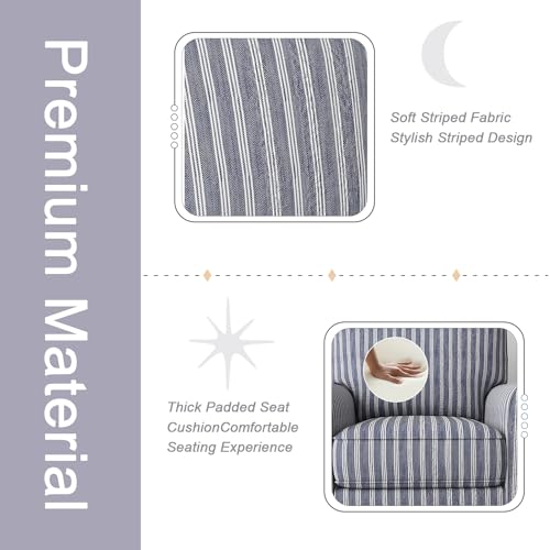 Swivel Accent Chair Linen Mid Century Modern Chair, Comfy Swivel Barrel Reading Chair, Upholstered Square Chair for Living Room Bedroom Small Spaces, Fully Assembled, Blue Stripe