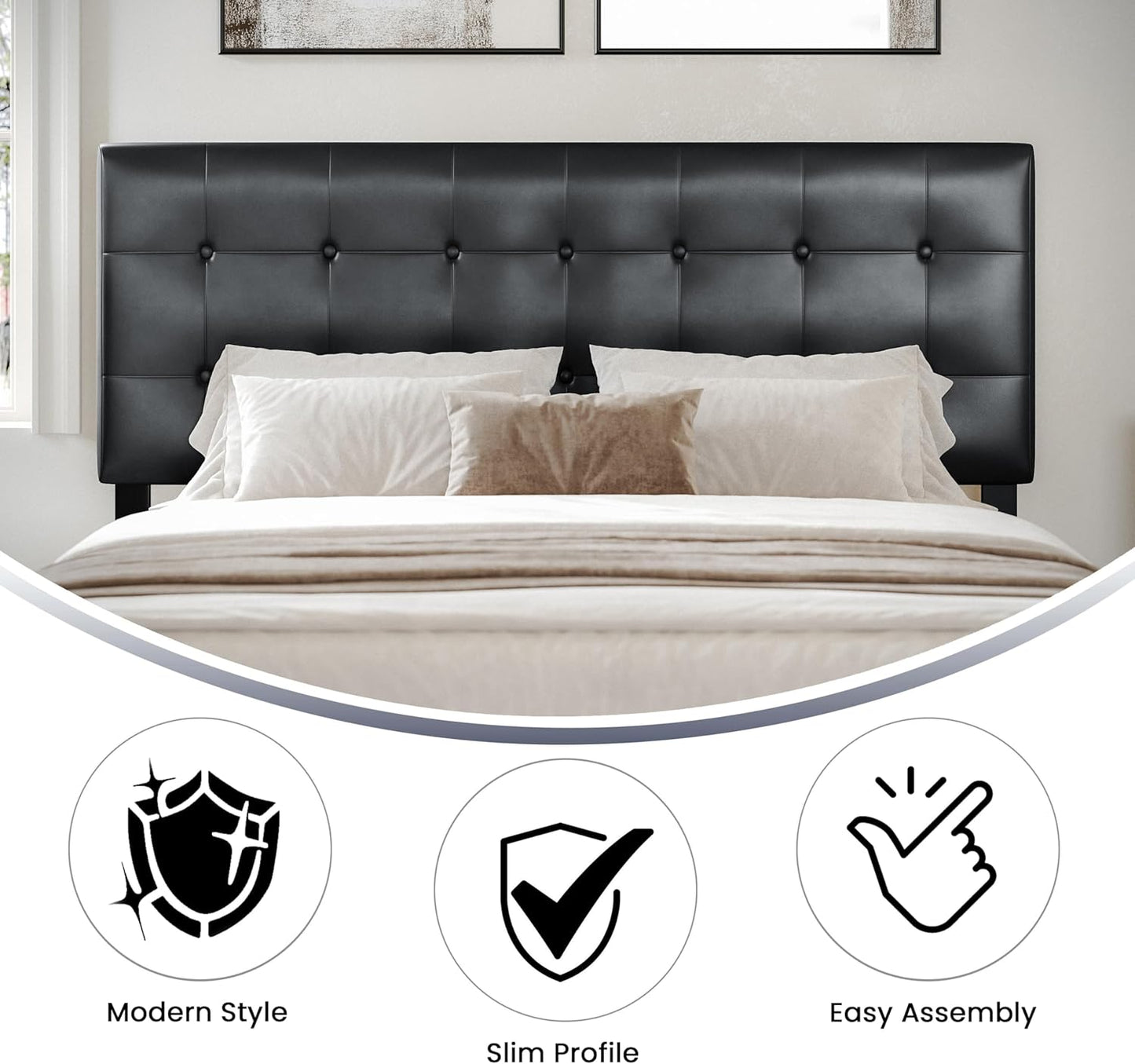 Lennox Adjustable Height Button Tufted and Box Stitch Upholstered Queen Size Headboard in Black Vinyl