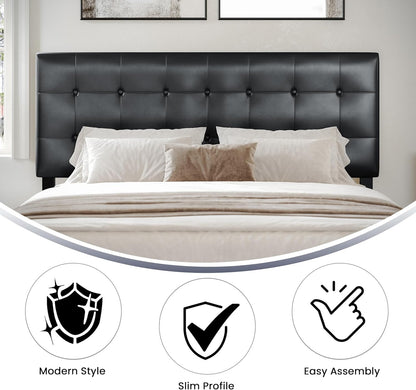 Lennox Adjustable Height Button Tufted and Box Stitch Upholstered Queen Size Headboard in Black Vinyl
