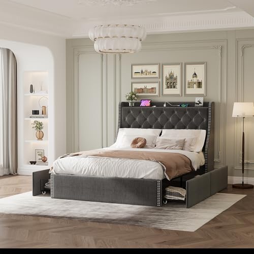 GAOMON Queen Size Bed Frame with Wingback Headboard, 4-Drawer Velvet Upholstered Platform Bed Frame with Charging Station, Button Tufted Storage Bed, No Box Spring Needed, Gray