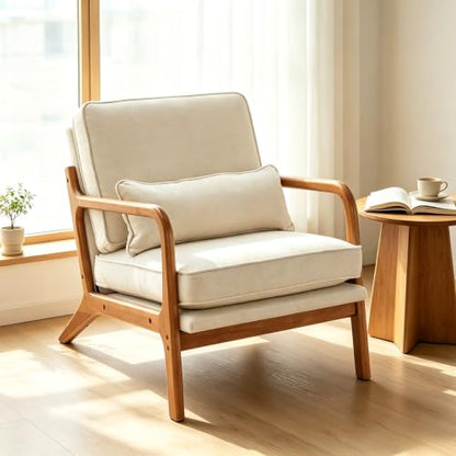 Beige Linen Upholstered Accent Chairs with Solid Wood Frame and Lumbar Pillow, view 7