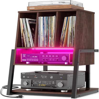 Record Player Stand with Vinyl Storage Cabinet, 22" Record Player Table up to 200 Albums, Large Wood Turntable Stand with Record Album Holder with Charging Station & LED Light, Espresso