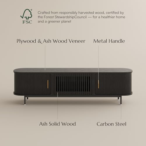 Fully-Assembled Mid Century Modern TV Stand for 75+ inch TV, Sliding Door Entertainment Center with Storage, Wood TV Console, Media Console for Living Room Bedroom(Black, 94.49")