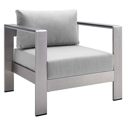 Shore Aluminum 4 Piece Outdoor Patio Furniture Set | Weather Resistant | Sunbrella Cushions | Sofa, Armchairs, Coffee Table