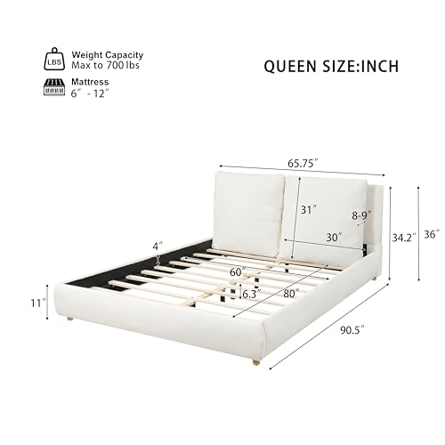 Queen Boucle Upholstered Bed, 2 Removable Headboard Pillows, White, view 3