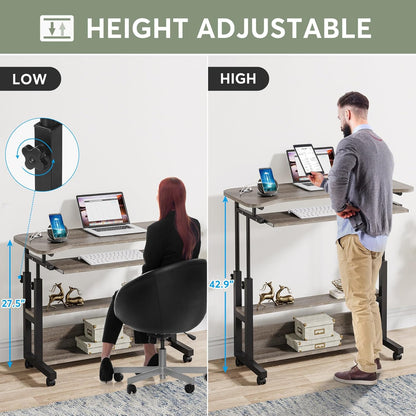 Portable Desk with Power Outlets, Height Adjustable Side Table Sofa Couch Bedside Laptop Computer Cart with USB Charging Ports, Mobile Small Standing Desk with Keyboard Tray