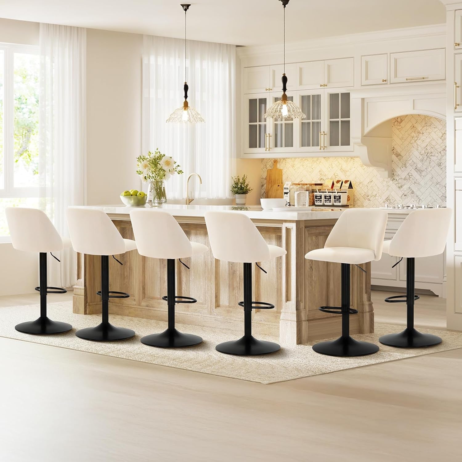 Bar Stools Set of 3, Modern Swivel Bar Chairs, Adjustable Upholstered Barstools Counter Height with Full Backrest for Bar, Dining Room, Kitchen Island, Beige