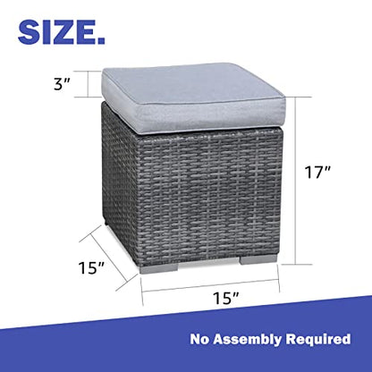 2 Pieces Assembled Outdoor Patio Ottoman, Indoor Outdoor All-Weather Grey Wicker Rattan Outdoor Footstool Footrest Seat with Light Grey Cushions, No Assembly Required