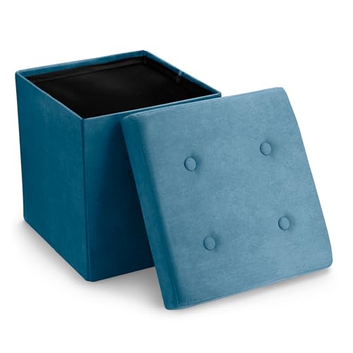 Storage Ottoman Foot Rest Cube– Small Folding Ottoman Bedroom Bench Chest 15 Inch Box Coffee Table, Shoe Storage, Foot Stool, Pouf Storage Ottoman, Seat, Suede Velvet Fabric - Teal Blue