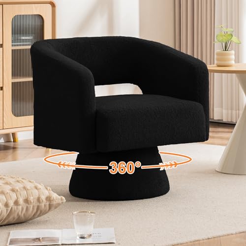 Swivel Barrel Accent Chair, Oversized Teddy Upholstered Round Swivel Chairs Set of 2, Modern Luxury 360° Living Room Vanity Chair for Bedroom Office&Living Room, Black